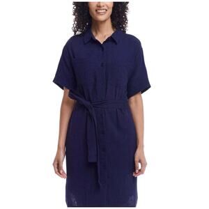 Weatherproof Vintage Dark Navy Cotton Shirtdress Tie Belt Pockets Classic Sz XL